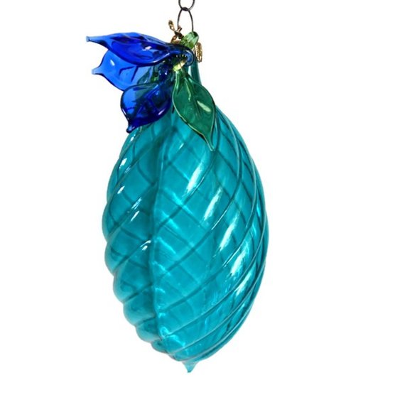 Teal Ribbed Glass Teardrop Ornament With Glass Leaves Germany - Picture 2 of 5